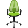 Moderner grüner Bürodrehstuhl mit Netzrückenlehne und Armlehnen, frontale Ansicht.