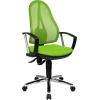 Grüner Bürodrehstuhl mit Netzrückenlehne und Armlehnen auf einem verchromten Fußkreuz.