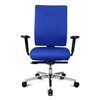 Bürodrehstuhl mit blauer Polsterung, hoher Rückenlehne und verstellbaren Armlehnen.