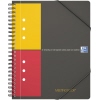 GrauesCollegeblock-Cover mit roten und gelben Farbbereichen, Gummizug und Spiralbindung.