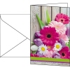 Faltkarte mit bunten Blumenmotiven auf der Vorderseite und einem weißen Umschlag.