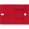 Rote Dokumentenmappe aus recycelbarem Material mit zwei Einschubfächern und Druckknopfverschluss.