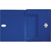 Blaue Heftbox aus recycelbarem Material mit offenem Deckel und Druckverschluss.