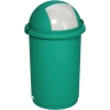 Grüner Abfalleimer mit silberner Einwurfklappe und abnehmbarem Kopfteil.