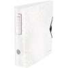 Weißer Ordner aus Kunststoff mit raffinierter Oberflächenstruktur und seitlichem Abheftmechanismus.