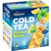 Packung mit 14 Pyramidenbeuteln Meßmer Cold Tea Zitrone-Minze in einer transparenten Flasche.