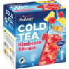 Verpackung des Meßmer Tee Cold Tea Himbeere-Zitrone mit Beutel und Zutaten im Hintergrund.