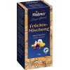 Verpackung der Meßmer Früchtemischung in einer blauen Box mit floralem Design.
