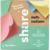 Bunte Haftnotizen in umweltfreundlicher Faltschachtel mit Spendeninformation.