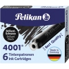 Schwarze Tintenpatronen in Verpackung mit sechs Stück, Marke Pelikan, brillantschwarz.
