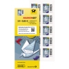 Briefmarken mit Matrixcode, 10 Stück zu 0,85 Euro, auf einer Karte mit buntem Design.
