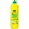 Gelbe Nachfüllflasche für UHU Alleskleber mit grünem Verschluss, 810 ml Inhalt.