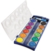 Farbkasten mit 12 Farben, Deckweiß und Mischfeldern, offenen Deckel, beschriftbarem Feld.