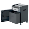 Aktenvernichter mit offenem Abfallbehälter und Bedienfeld in seitlicher Ansicht.