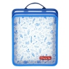 Blaue, transparente Heftbox mit ausziehbaren Seiten und farbigem Muster auf der Vorderseite.