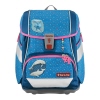 Blauer Schulranzen mit Delphin-Motiven und pinken Akzenten in Frontansicht.
