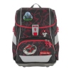 Schulranzen in Schwarz und Rot mit Ninja-Motiv, reflektierenden Elementen und Applikationen.