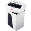 Aktenvernichter in Weiß und Schwarz mit geöffnetem Deckel und Bedienelementen oben.