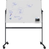 Doppelseitiges, flexibles Whiteboard auf mobilem Stativ, beschriftet mit Notizen und Grafiken.