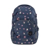 Blauer Schulrucksack mit bunten Punkten und Vordertasche.