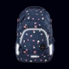 Rucksack mit buntem Punktedesign und reflektierenden Elementen, frontal abgebildet.