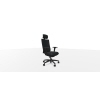 Bürodrehstuhl mit Armlehnen und Nackenstütze, hohe flexible Rückenlehne, in Schwarz.