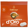 Kaffeepads in orange Verpackung mit Tasse Kaffee und der Aufschrift "Crema d'Oro Intensa".