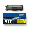 Gelber Toner Brother TN-910Y in Kartonverpackung, mit Sicht auf die Kassette oben.