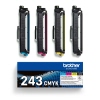 Vier Brother Tonerkasetten in schwarz, cyan, magenta und gelb mit Verpackung.