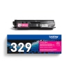 Magenta Brother Toner TN-329M in Box, auf weißem Hintergrund liegend.