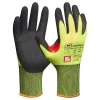 Zwei Arbeitshandschuhe mit Schnittschutz in leuchtendem Grün und schwarzem Material.