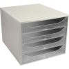 Schubladenbox mit vier transparenten Schubladen für den Schreibtisch in neutralem Design.