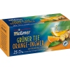 Packung mit 25 Beuteln Meßmer Grüner Tee orange-ingwer in einer bunten Gestaltung.