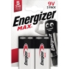Zwei 9V Energizer Max Batterien in Verpackung mit illustrative Figur und Logo.