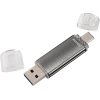 USB-Stick in Aluminium-Gehäuse mit zwei Verschlusskappen, halb offen abgebildet.
