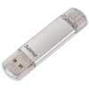 USB-Stick mit USB-C- und USB-A-Anschluss, in silberner Farbe, mit transparentem Gehäuse.