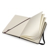 Offenes Moleskine Skizzenbuch mit leeren Seiten und schwarzem Hardcover.
