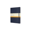 Blaues Moleskine Notizbuch im Softcover-Stil mit elastischem Verschluss und Papierbanderole.