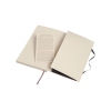 Offenes Moleskine Notizbuch mit einer beige Innenseite und einer herausnehmbaren Informationseite.