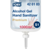 Tork Handdesinfektionsgel in 1000 ml Flasche mit Ausgießer und Abbildung einer desinfizierten Hand.