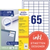 Produktverpackung mit Universaletiketten und Design-Software-Hinweis auf weißem Hintergrund.