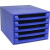 Blaue Schubladenbox mit fünf offenen Schubladen für Dokumente und Stopp-Mechanismus.