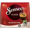 Packung mit 16 Senseo Kaffeepads Classic und einer Tasse Kaffee mit crema.