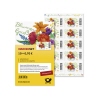 Briefmarken-Set mit bunten Blumenmotiven und Matrixcode zum Scannen für Sendungsstatus.