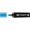 Blauer Textmarker mit abgezogenem Deckel und breiter Spitze.