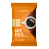 Packung mit gemahlenem Kaffee in orangefarbener Tüte, abgebildet mit Tasse Kaffee und Bohnen.