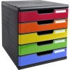 Schubladenbox mit fünf farbigen Schubladen in rot, orange, grün, blau und schwarz, DIN A4+.