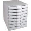 Schubladenbox mit neun horizontalen Schubladen, in grauer Farbe und perforierter Oberfläche.