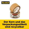 Packband auf einer Rolle mit Informationen zur Recyclingfähigkeit des Kerns und Etiketts.