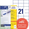 Universaletiketten in Packung, Größe 70 x 42,3 mm, mit Designhinweisen und Software-Link.